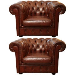 Vintage Pair of English Leather Chesterfield Club Chairs