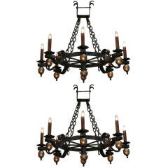 Pair of French Antique Forged Iron Chandeliers