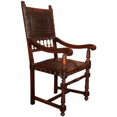 French Renaissance Style Walnut and Leather Armchair