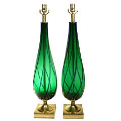 LARGE ITALIAN MIDCENTURY MURANO EMERALD GLASS & BRASS LAMPS