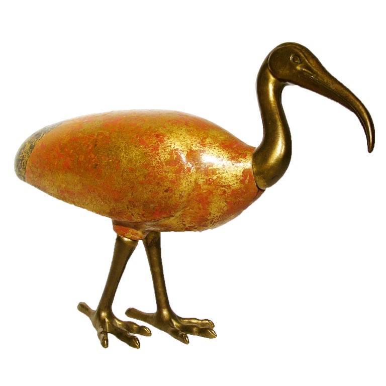 ITALIAN 50'S EGYPTIAN-INSPIRED GILTWOOD AND BRASS IBIS SCULPTURE