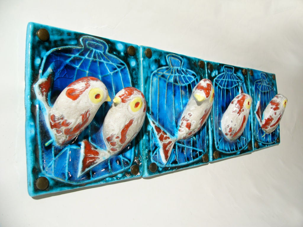 ITALIAN 1950'S GLAZED POTTERY BIRD WALL SCULPTURE by San Polo