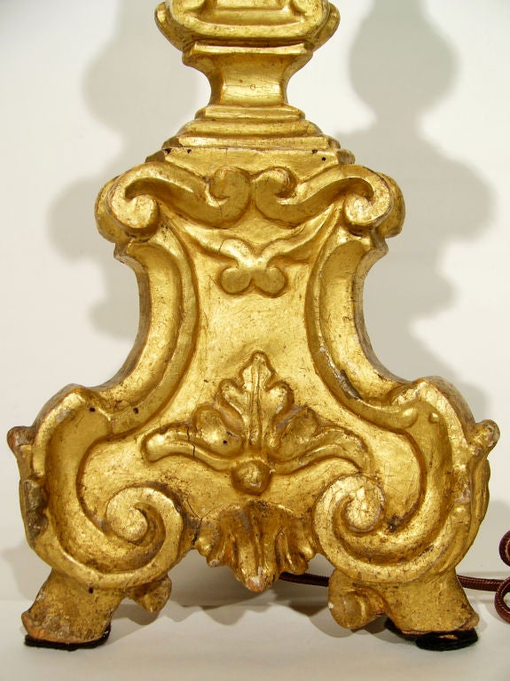 Italian ITALIAN 18TH CENTURY BAROQUE GILTWOOD PRICKET STICK LAMP