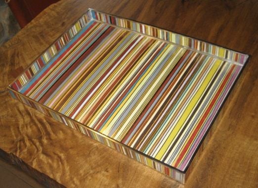 Beautiful striped Cloisonne tray from China. Ceramic tray is in mint condition with colorful, bold stripes. Back of tray has blue zig zag pattern signed CV. Designed by Christine Vanderhurd.