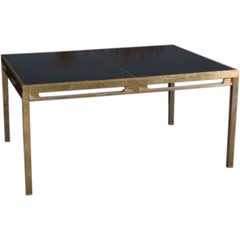 Jansen Brass and Black Glass Dining Table With Two Leaves