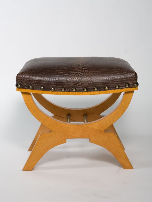Beautiful small stool in sycamore wood. Newly upholstered in brown leather. Attributed to Andre Arbus.