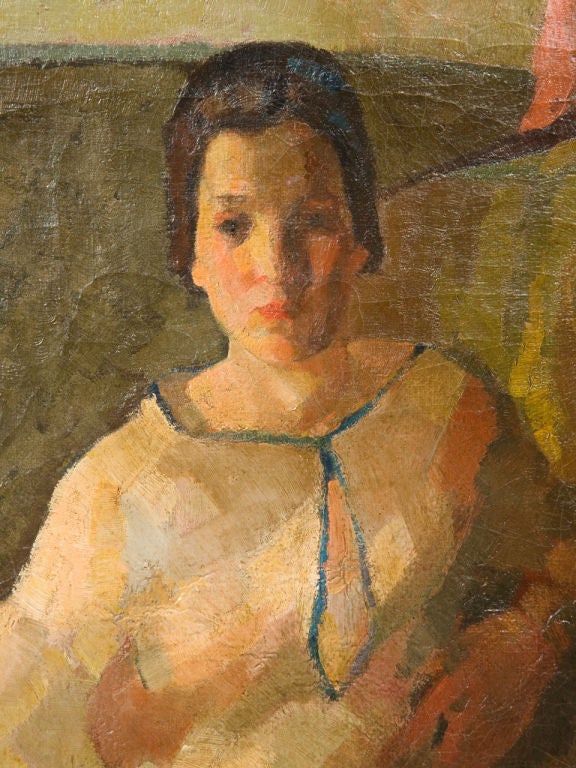 Chic, Mid-Century oil painting of woman in a white dress seated in a stylish interior setting. Very well painted with gorgeous colors. Artist unknown.<br />
Canvas dimensions:<br />
25.75