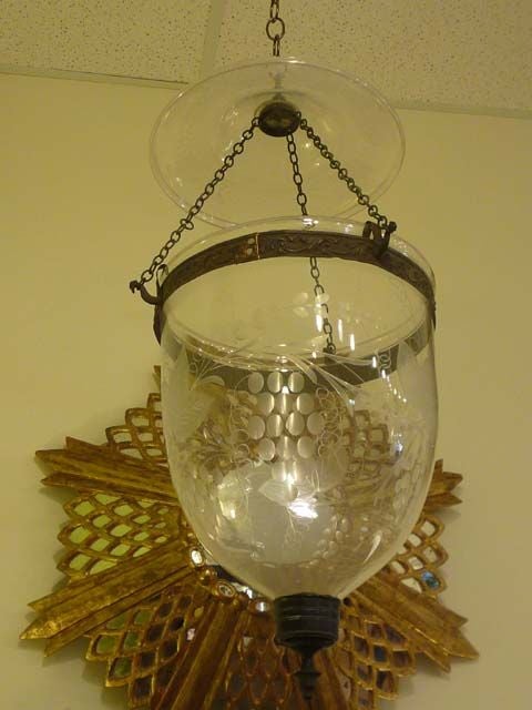 5 leaf and grape pattern etched glass with bronze fittings, Anglo Indian Hundi or hanging hall lights, with smoke bells. Easily and reasonably electrified. Sizes and designs differ slightly. Priced individually.