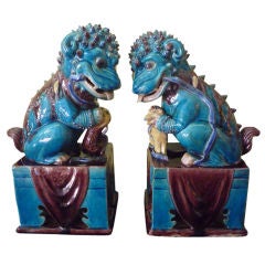 Retro Pair Of Chinese Export Turquoise Foo Dogs