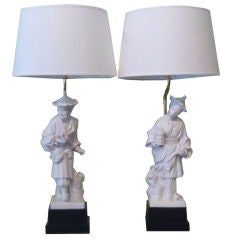 A Pair of White Chinoiserie Figure Lamps