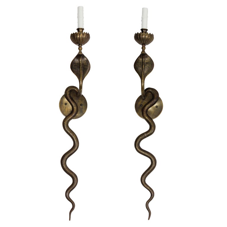 Pair of Etched Electrified Brass Cobra Wall Sconces at 1stdibs