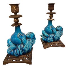 Pair of Bronze Mounted Buddha Figures Mounted as Candlesticks