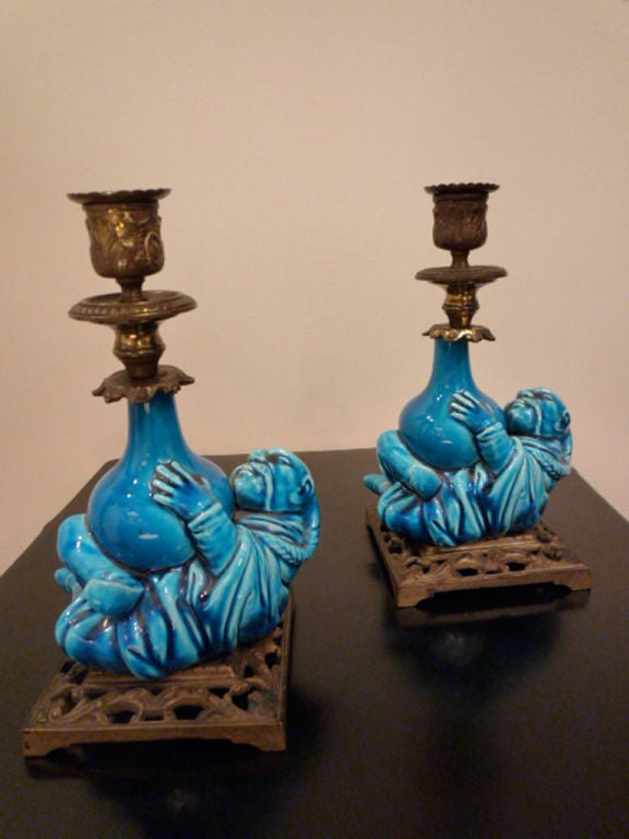 Pair of Bronze Mounted Buddha Figures Mounted as Candlesticks