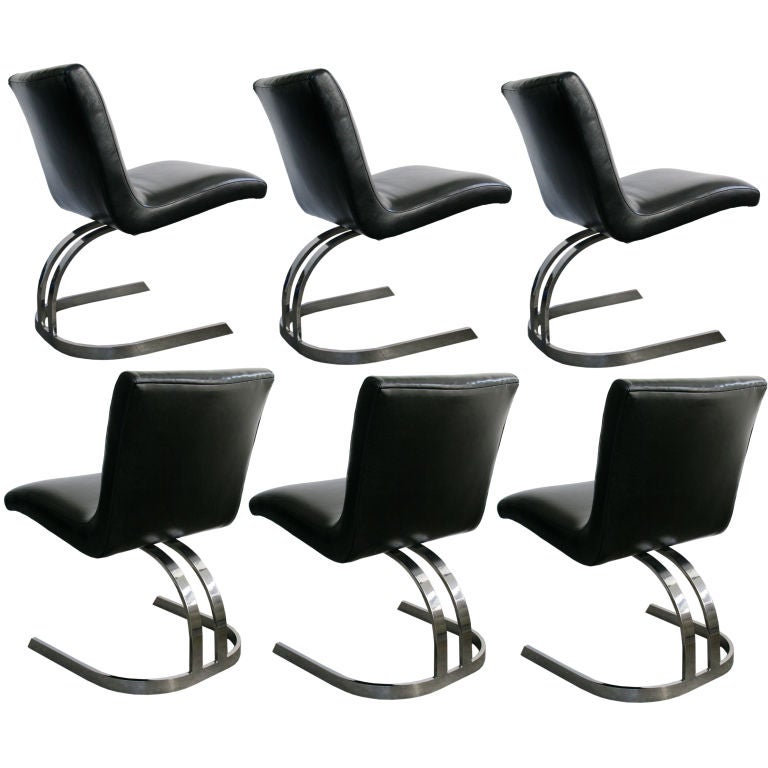 Set of Six Chrome Cantilevered Leather Dining Chairs For Sale