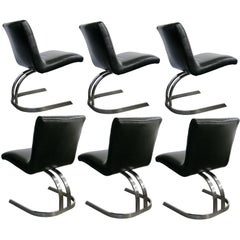 Set of Six Chrome Cantilevered Leather Dining Chairs