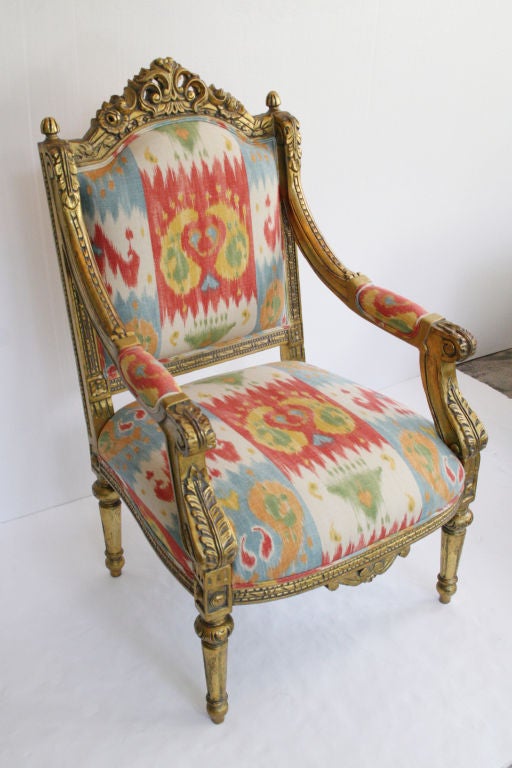 Pair of French Louis XVI 24K Gold Leafed Arm Chairs For Sale 1