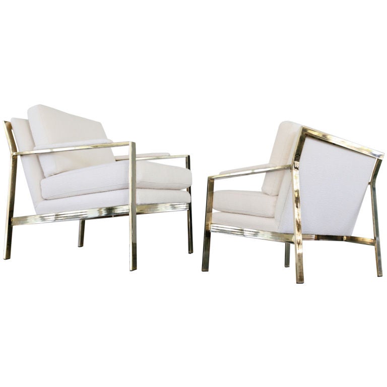Pair of Brass Milo Baughman Cream Nubby Arm Chairs For Sale