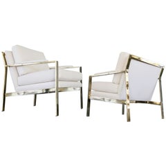 Pair of Brass Milo Baughman Cream Nubby Arm Chairs