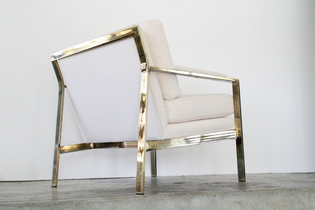 Late 20th Century Pair of Brass Milo Baughman Cream Nubby Arm Chairs For Sale