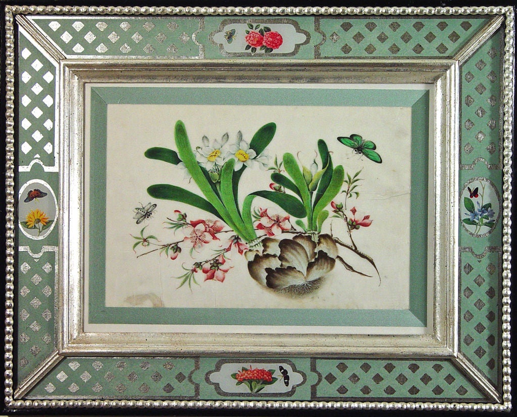 A Pair of Chinese Watercolours of flowers and Butterflies.