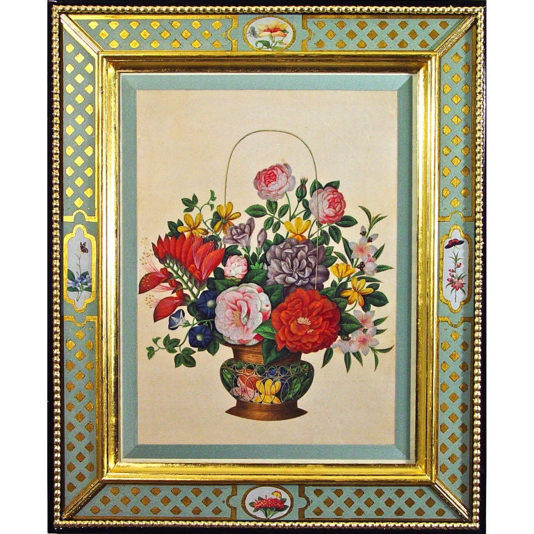 A Particularly Large Chinese Watercolour of a Basket of Flowers