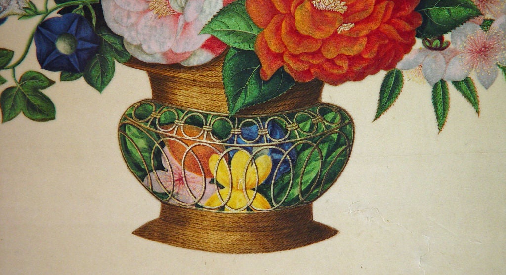 The painting on pith paper depicts a large openwork basket containing a massive arrangement of flowers.  The quality of the painting is outstanding and the size particularly unusual for this material.<br />
<br />
Dimensions: Height: 20 1/2 inches