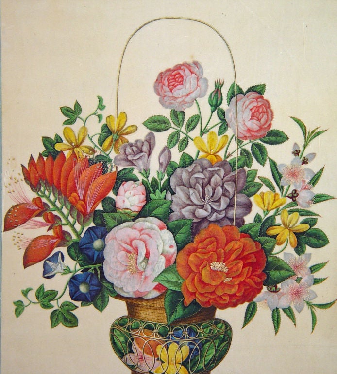 A Particularly Large Chinese Watercolour of a Basket of Flowers In Good Condition In Downingtown, PA
