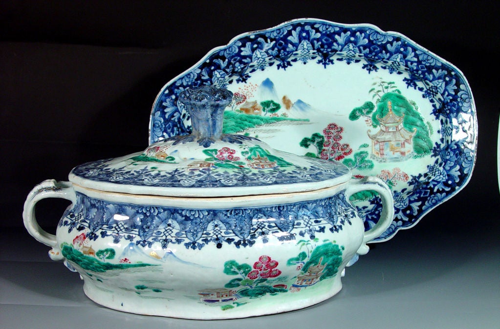 Chinese Export  Blue and Famille Rose Soup Tureen and Stand