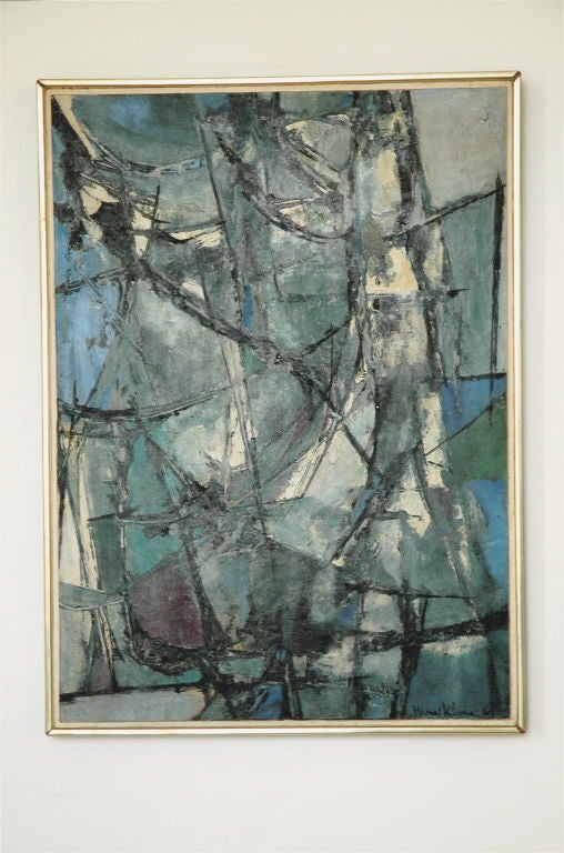 Hans Kline oil on Canvas.<br />
Abstracted nude in blues and greens<br />
Hans Kline (1924-1994) <br />
Education: <br />
Assumption College, Windsor, Ontario (B.A.); Wayne State University, Detroit; Detroit Society of Arts and Crafts (with
