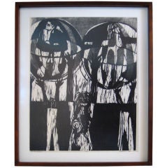 Vintage Woodcut Figurative Abstaction, 1965