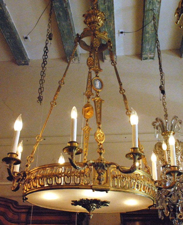 Antique French bronze and glass chandelier with Wedgwood plaques.