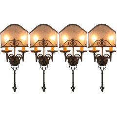 One of Four Large 1920s Sconces w/Verdigris Finish & Mica Shades