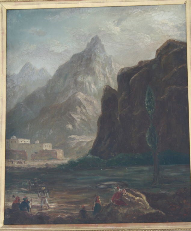 Dramatic Orientalist  landscape with warrior figures in foreground and Moorish fortress in background. The frame measures 31
