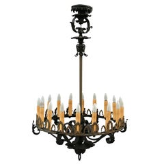 Antique Large Turn Of The Century Bronze And Iron Chandelier