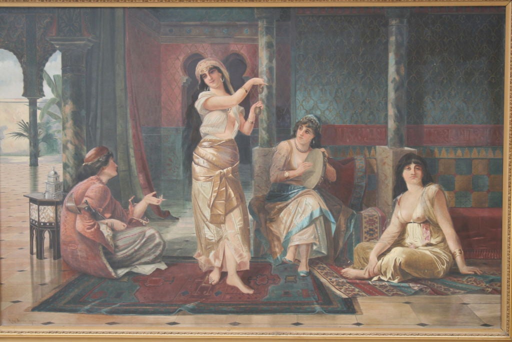 Très grande peinture à l'huile orientaliste d'A J Stone