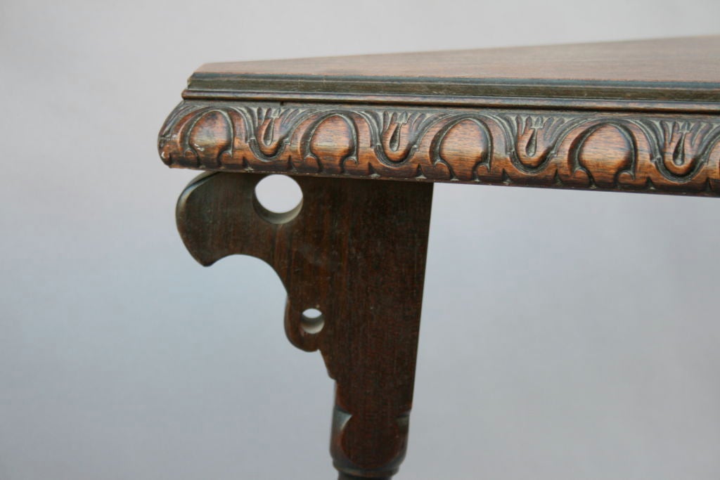Carved Unusual Triangular Spanish Revival Table w/Iron Stretcher