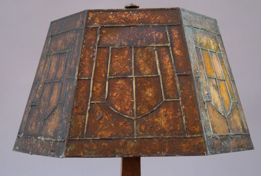 Great hammered copper table lamp with finely hammered copper base and intricately detailed mica shade.