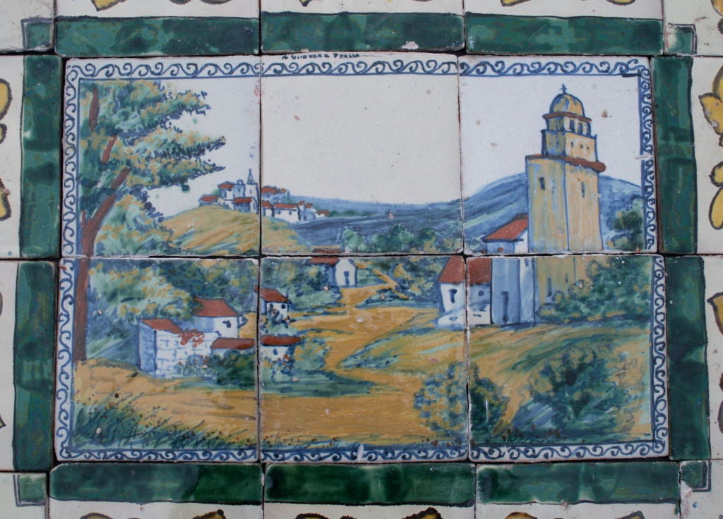 Early Mexican Hand-Painted Talavera Tile Mural with Mission