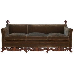 1920's Couch With Hand Carved Base And New Mohair Upholstery