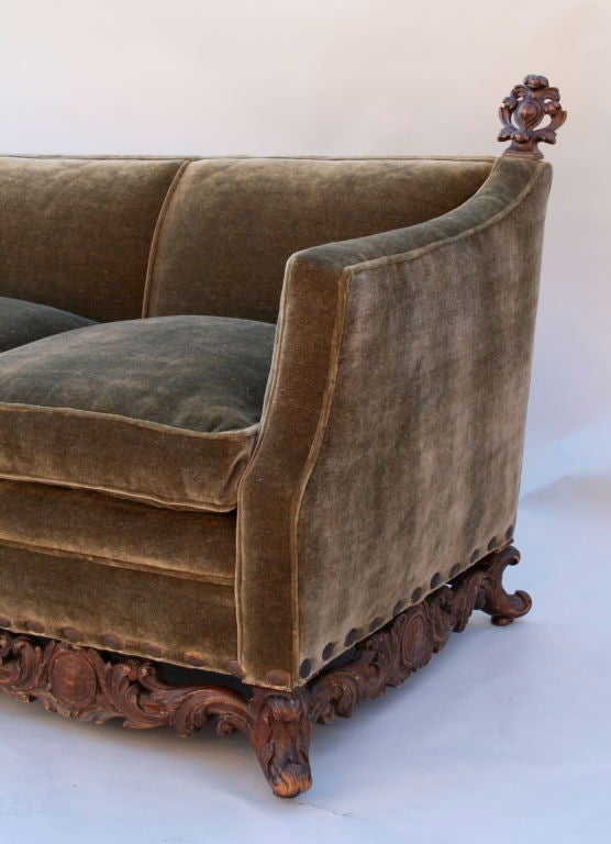 20th Century 1920's Couch With Hand Carved Base And New Mohair Upholstery