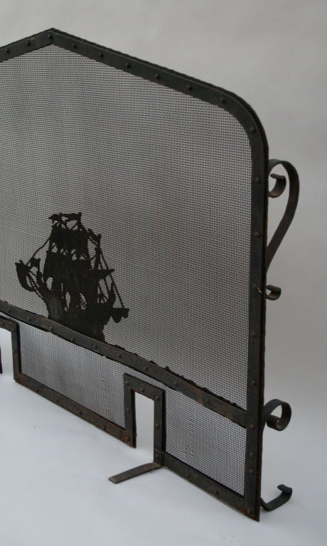 Rare 1920's fire screen with galleon ship motif.