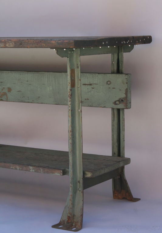 Rustic work bench from the Department of Defense.  Would make a wonderful island or console table.