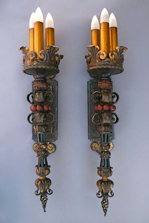 Spectacular Pair of Large Spanish Revival Sconces