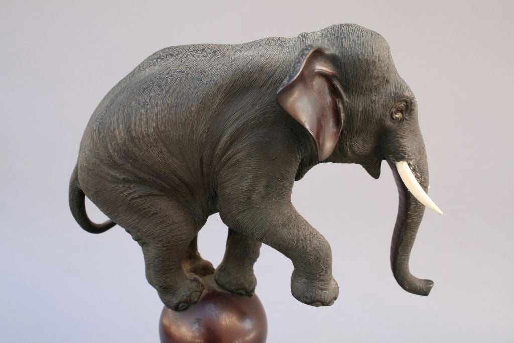 Japanese Bronze Elephant with Ivory Tusks 1