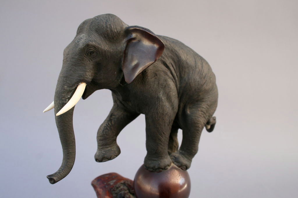 Japanese Bronze Elephant with Ivory Tusks 2