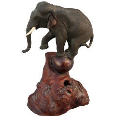 Japanese Bronze Elephant with Ivory Tusks