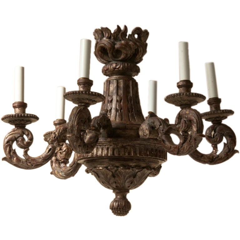 Louis XVI Style Silver Leaf Carved Wood Six-Light Chandelier For Sale