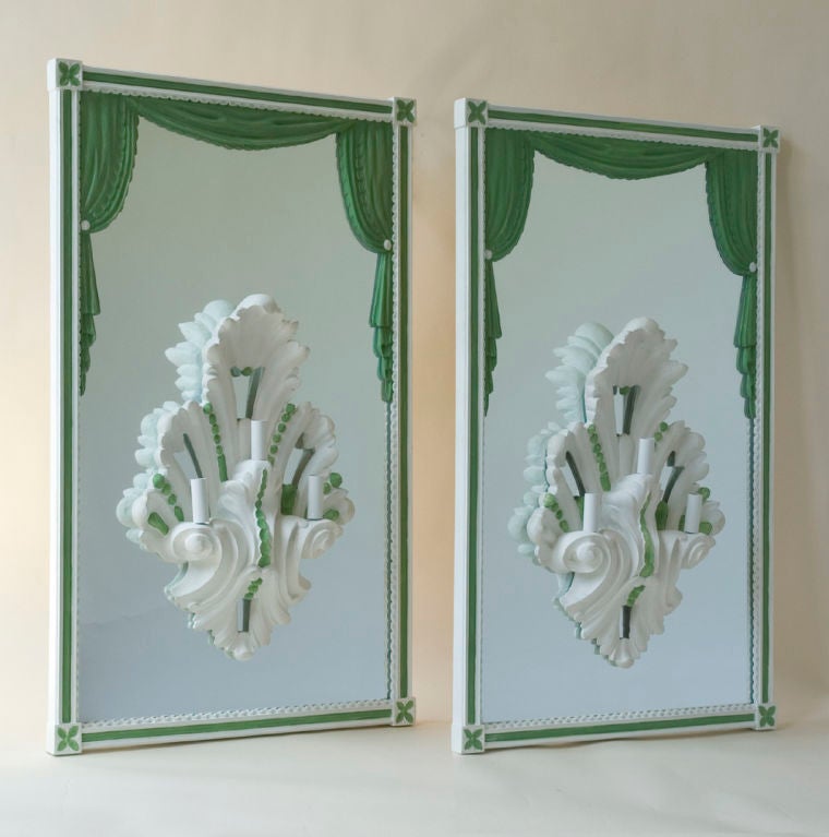 A pair of neo-classical style carved and painted pair of neo-classical style mounted on mirrored backs, white and green painted, frames with curtain motifs, Continental, 20th century