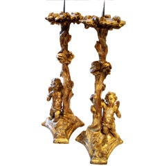 Rare Pair of 18th Century Giltwood Roman Pricket Sticks
