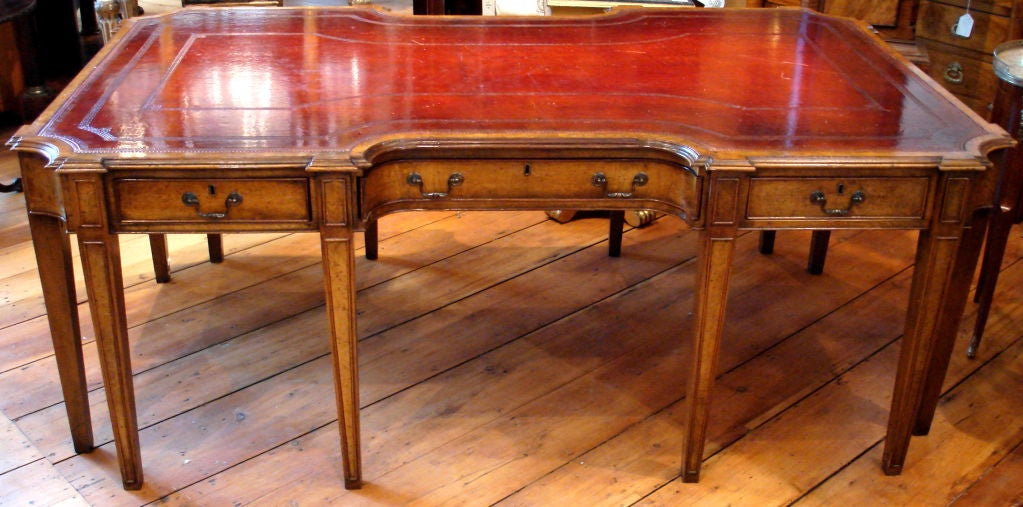 Burl Walnut and Yew Writing Desk with Red Leather Top